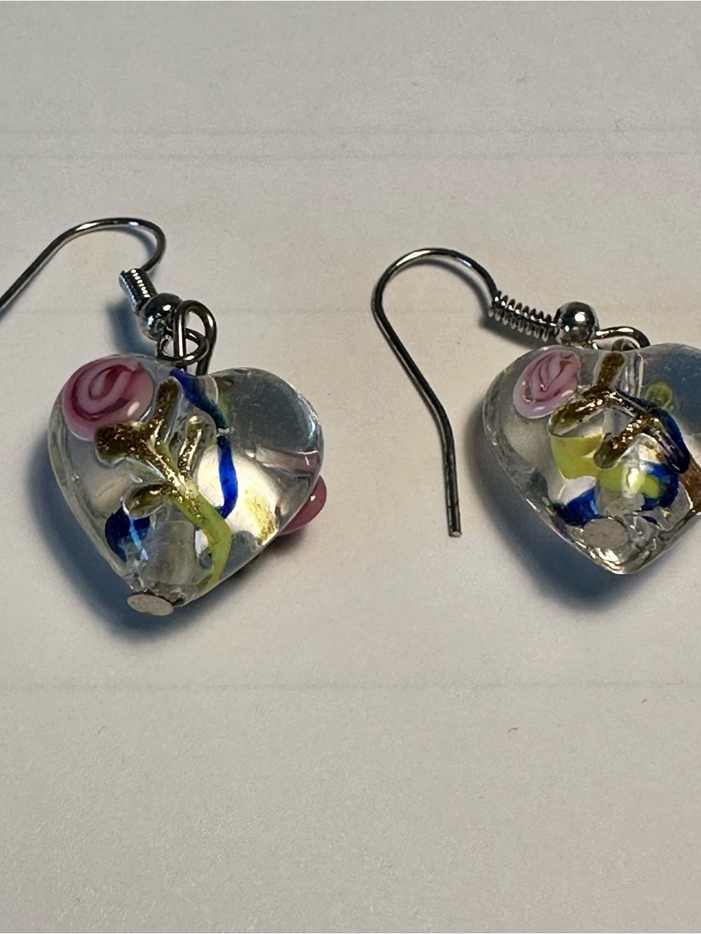 Handmade Heart Glass Drop Earrings with Pink Floral Detail